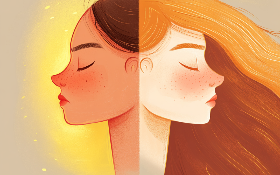 Ilustración digital de estilo suave y artístico de dos perfiles de mujer unidos por el centro, mirando en direcciones opuestas con los ojos cerrados. Una mitad tiene cabello oscuro y está bañada en una luz amarilla cálida, y la otra mitad tiene cabello rojizo y está en sombra. Simboliza la dualidad y la fragmentación de la identidad.