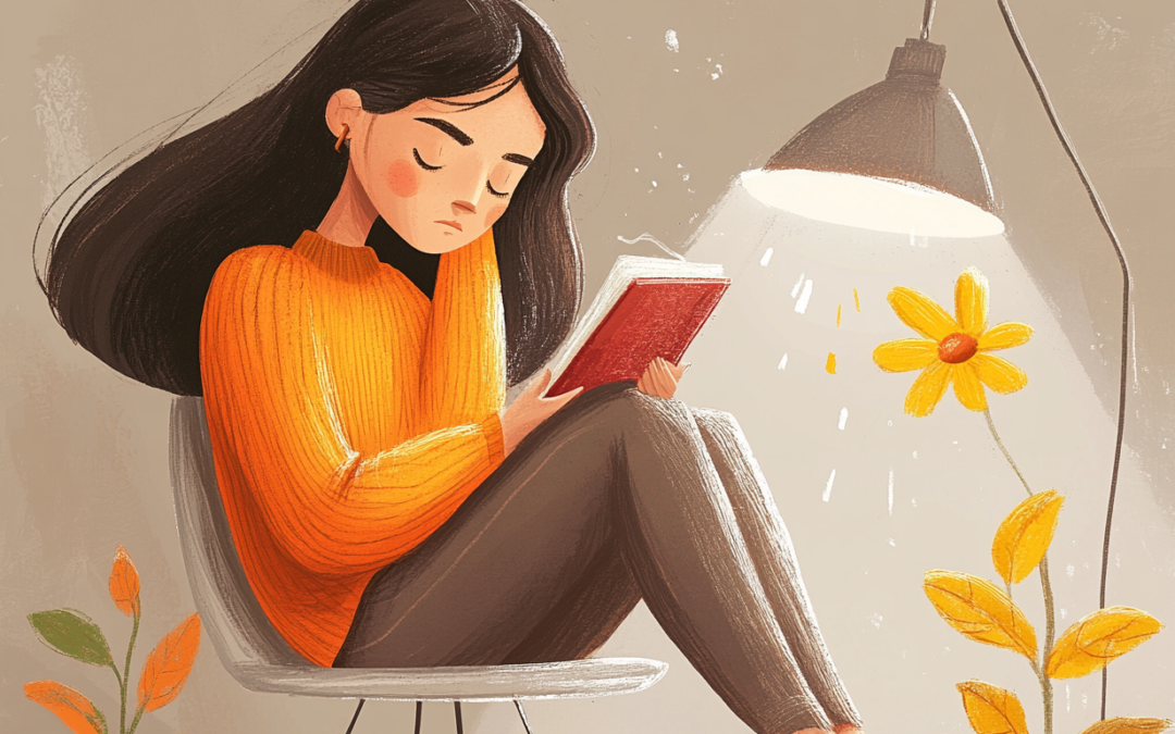 Ilustración digital de estilo suave y cálido de una mujer joven con cabello oscuro y suéter naranja sentada en un sillón. Está absorta leyendo un libro rojo bajo la luz de una lámpara de pie, con plantas a su alrededor. Transmite una sensación de aislamiento tranquilo o introspección.