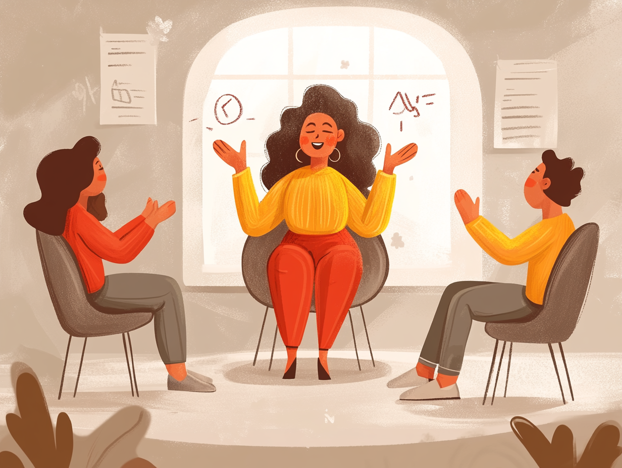 Ilustración de una sesión colectiva en PSICOLORIA con personas participando activamente.