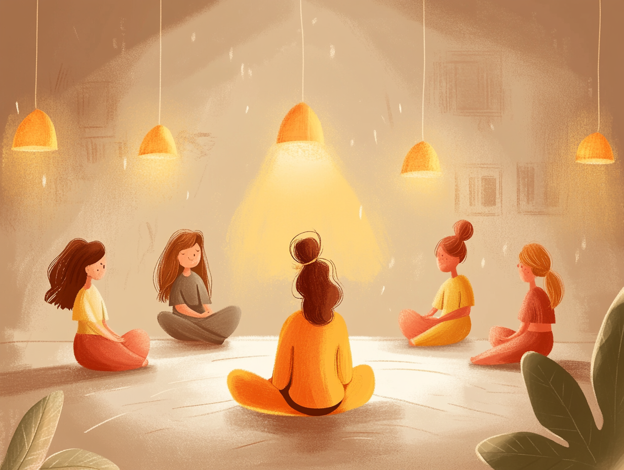 Ilustración de una sesión colectiva en PSICOLORIA con personas participando activamente.