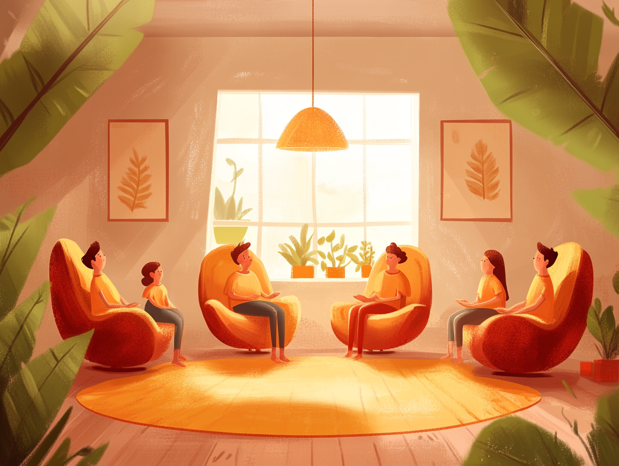 Ilustración de una sesión colectiva en PSICOLORIA con personas participando activamente.