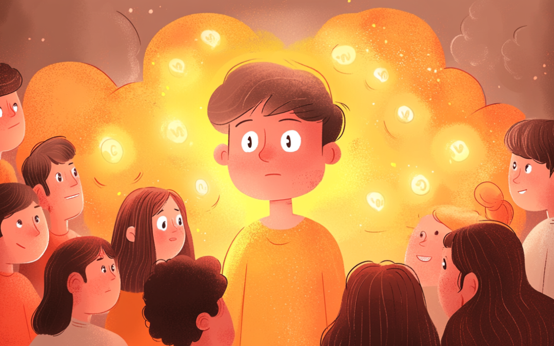 Ilustración digital de estilo cálido y artístico donde un joven con un suéter amarillo está en el centro, mirando al frente con una expresión de asombro o miedo. Está rodeado por un grupo de personas. Detrás de él, hay un halo de luz amarilla brillante con orbes flotantes, que parece ser su foco de atención, sugiriendo una alteración de la percepción o un evento que solo él experimenta.
