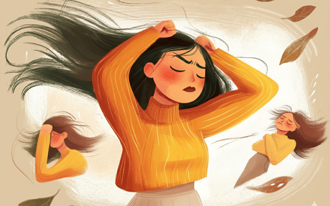 Ilustración digital que muestra a una persona con cabello oscuro y suéter naranja, visiblemente angustiada, con las manos sobre la cabeza y los ojos cerrados. Su cabello ondea y hay figuras más pequeñas de la misma persona con distintas expresiones de malestar a los lados. El fondo incluye hojas otoñales flotantes, simbolizando confusión, estrés e inestabilidad emocional.