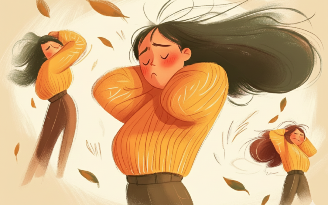 Ilustración digital de estilo caricaturesco que muestra a una mujer con un suéter naranja, el cabello ondeando y las manos cubriendo sus orejas o cabeza. La figura central está angustiada. Se repite la misma figura a menor escala a ambos lados, una con expresión de tristeza y otra con una sonrisa forzada. El fondo incluye hojas otoñales en movimiento, simbolizando inestabilidad emocional.