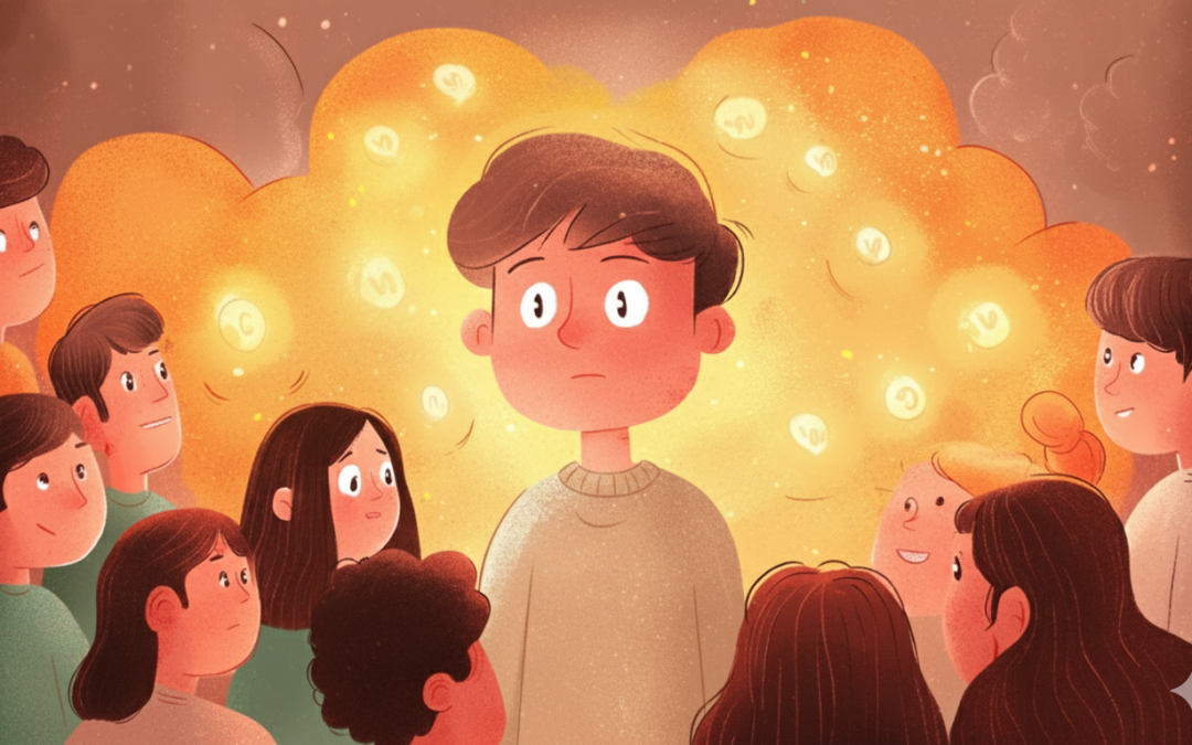 Ilustración digital de estilo cálido y artístico donde un joven con un suéter amarillo está en el centro, mirando al frente con una expresión de asombro o miedo. Está rodeado por un grupo de personas. Detrás de él, hay un halo de luz amarilla brillante con orbes flotantes, que parece ser su foco de atención, sugiriendo una alteración de la percepción o un evento que solo él experimenta.