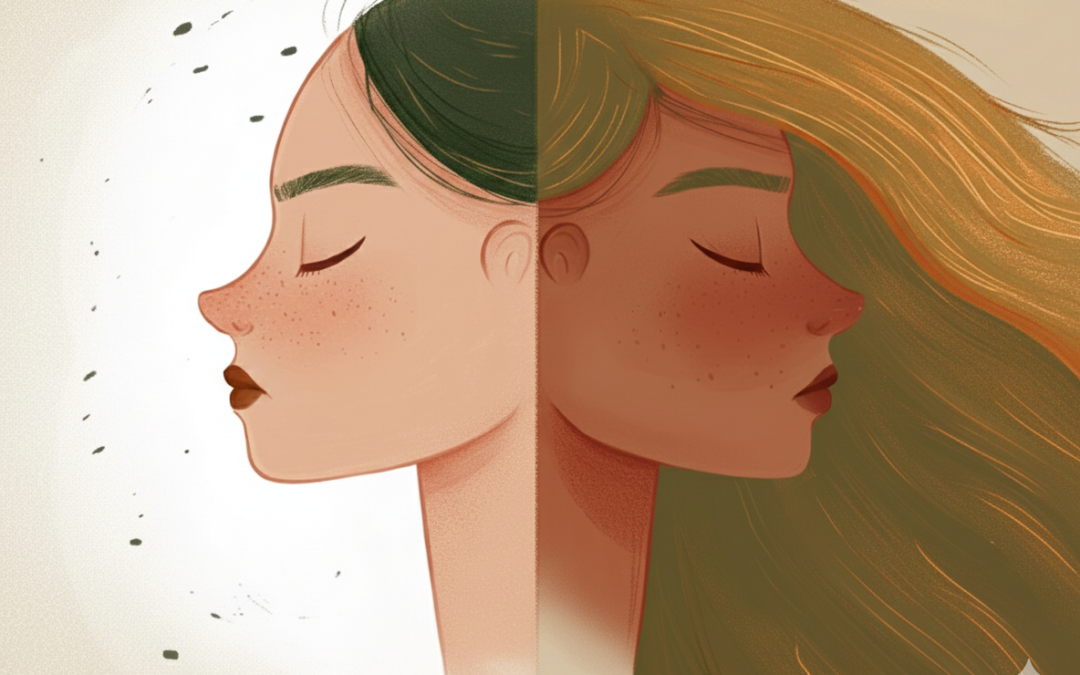 Ilustración digital de estilo suave y artístico de dos perfiles de mujer unidos por el centro, mirando en direcciones opuestas con los ojos cerrados. Una mitad tiene cabello oscuro y está bañada en una luz amarilla cálida, y la otra mitad tiene cabello rojizo y está en sombra. Simboliza la dualidad y la fragmentación de la identidad.
