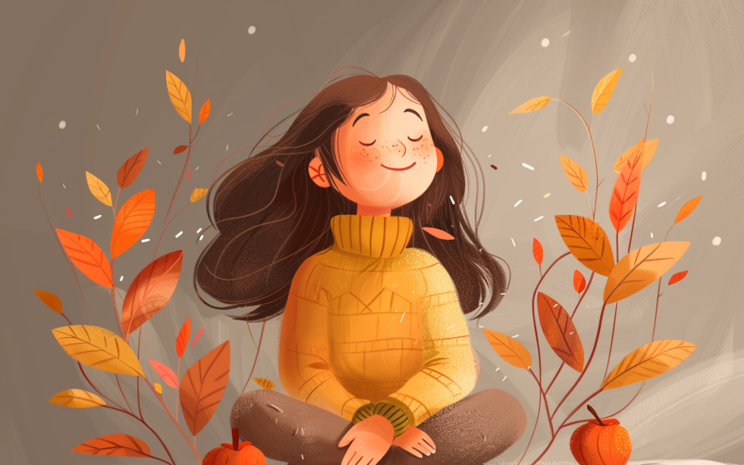 Ilustración digital de estilo suave y artístico de una mujer joven con cabello oscuro y un suéter amarillo, sentada con las piernas cruzadas (postura de meditación) con los ojos cerrados y una expresión serena. Está rodeada de hojas de otoño y frutos, simbolizando calma, introspección y bienestar.