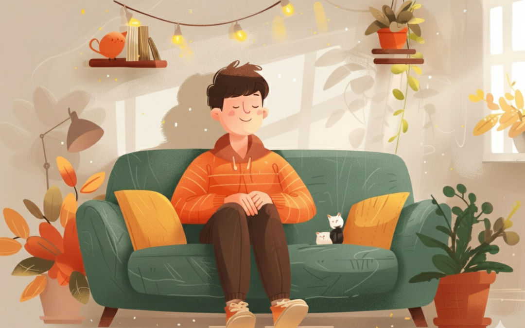 Ilustración digital de un joven sentado cómodamente en un sofá gris en un salón bien iluminado, con un suéter naranja a rayas, los ojos cerrados y una expresión de calma. El entorno está decorado con plantas, cojines cálidos y luces de guirnalda, simbolizando un espacio seguro y relajante para el descanso.