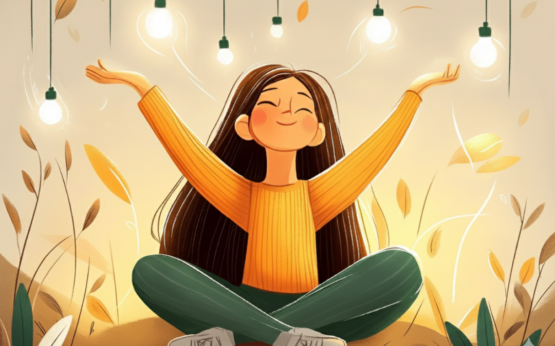 Ilustración digital de estilo cálido de una persona joven con cabello oscuro, sentada en postura de loto al aire libre, con los brazos extendidos y una expresión de alegría y satisfacción. Está rodeada de hierba y hojas, con bombillas brillantes flotando sobre su cabeza, simbolizando la claridad, la iluminación y el valor personal.