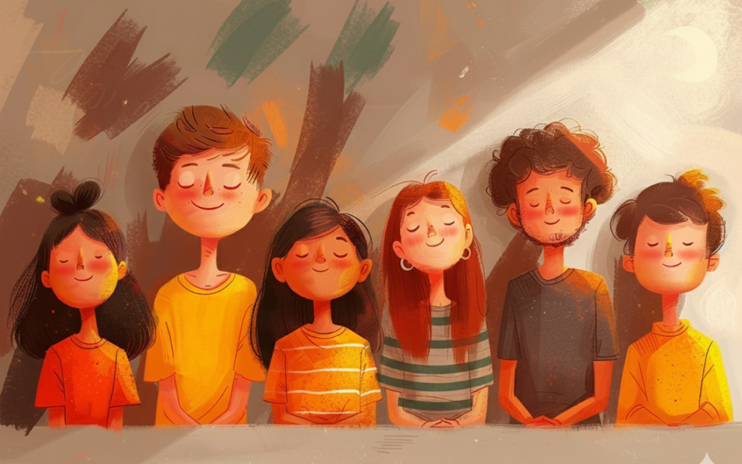 Ilustración digital de un grupo de cinco jóvenes de diferentes alturas y peinados, alineados y mirando al frente con los ojos cerrados y expresiones serenas. La luz suave y cálida cae sobre ellos. Simboliza un grupo social en un momento compartido, sugiriendo calma o una pose.