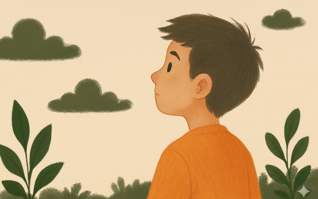 Ilustración digital en tonos amarillos y dorados de un joven de perfil, mirando hacia el horizonte con una expresión contemplativa o concentrada. Está al aire libre, con nubes y hojas a ambos lados. Simboliza la claridad mental, la apertura y la atención plena.