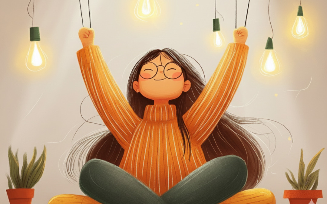 Ilustración digital de una persona con cabello oscuro, suéter amarillo de cuello alto y gafas, sentada en postura de loto con los brazos levantados en señal de triunfo o alegría. Está rodeada de bombillas encendidas que cuelgan y pequeñas plantas, simbolizando la iluminación, el empoderamiento y la autovaloración.