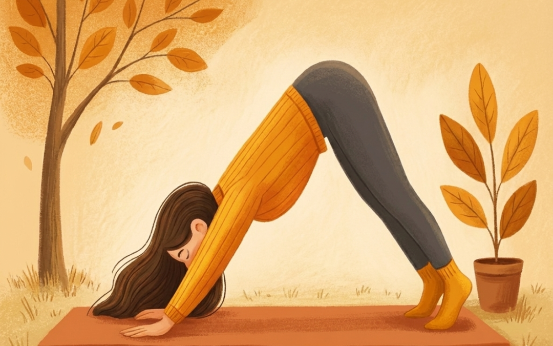 Ilustración digital de una persona joven con cabello oscuro y suéter amarillo ejecutando la postura de Perro Boca Abajo (Adho Mukha Svanasana) sobre un mat de yoga. La escena, en tonos otoñales, incluye un árbol y una planta en maceta, simbolizando la conexión a tierra y el movimiento.