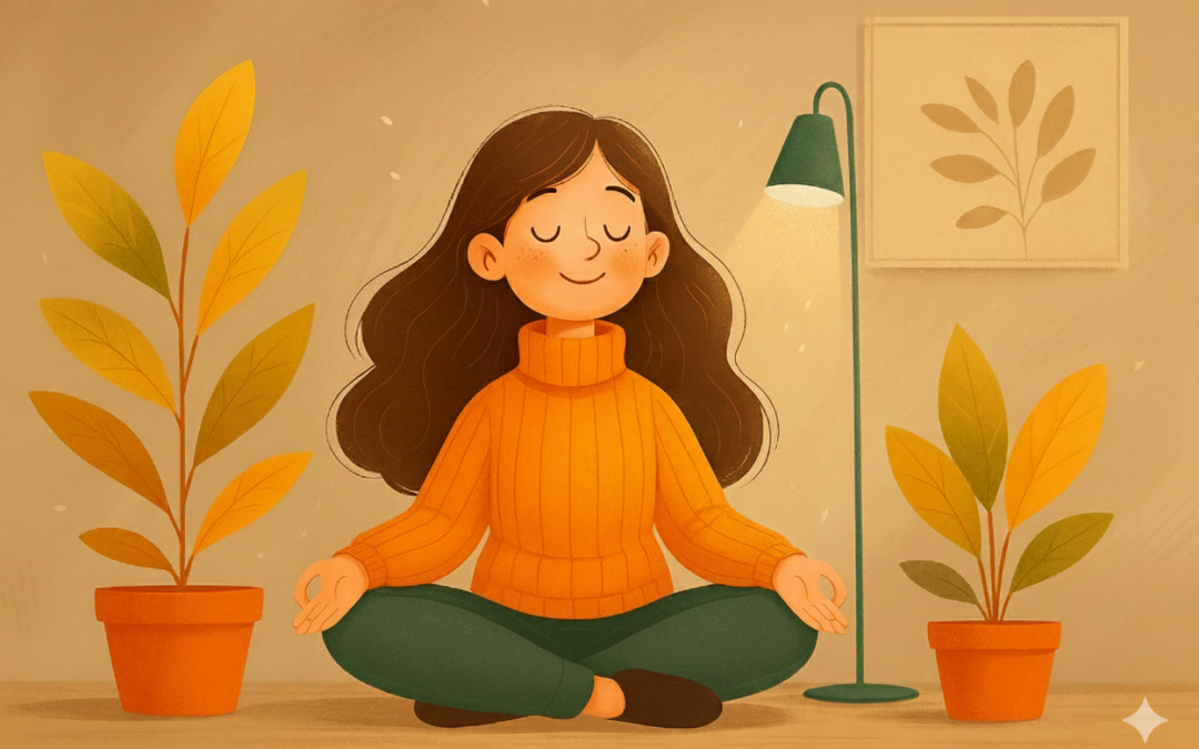 Ilustración digital de una persona joven con cabello oscuro y un suéter naranja, sentada en postura de loto (meditación) con los ojos cerrados y una expresión serena. Está en una habitación tranquila, flanqueada por plantas y bajo la luz suave de una lámpara, simbolizando el equilibrio, la calma y la concentración.