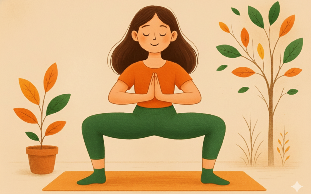 Ilustración digital de una persona con cabello oscuro, camiseta naranja y leggings amarillos, ejecutando la postura de la Diosa (Utkata Konasana) con las manos en Anjali Mudra (oración) y los ojos cerrados. La escena, en tonos otoñales, incluye un árbol y una planta, simbolizando enraizamiento y fuerza.