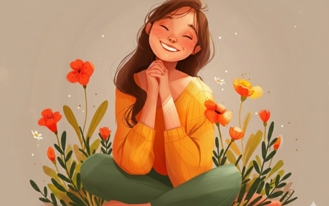 Ilustración digital de una persona con cabello oscuro y un suéter naranja, sentada con las piernas cruzadas en un jardín con flores rojas y amarillas. Tiene una gran sonrisa y las manos juntas bajo la barbilla, simbolizando alegría, gratitud y equilibrio emocional.