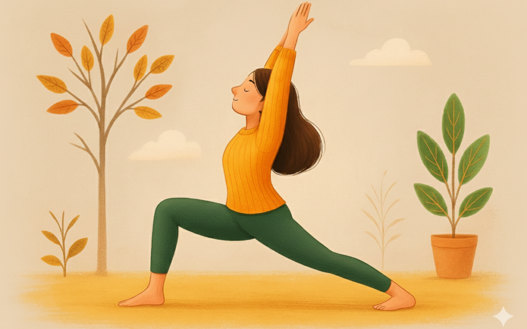 Ilustración digital de una persona con cabello oscuro y suéter naranja ejecutando la postura del Guerrero I (Virabhadrasana I), con los brazos estirados hacia el cielo y una expresión de calma. La escena, en tonos otoñales, incluye un árbol y plantas, simbolizando fuerza, conexión a tierra y equilibrio.