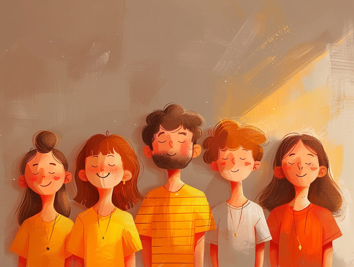 Ilustración de una sesión colectiva en PSICOLORIA con personas participando activamente.