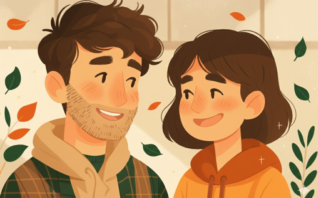 Ilustración digital de una pareja sonriendo y mirándose el uno al otro con expresiones de alegría y atención. Están en un ambiente cálido y otoñal con hojas flotantes. Simboliza la conexión, el entendimiento mutuo y la comunicación positiva.