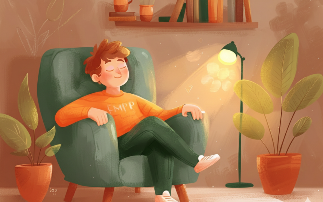 Ilustración digital de un joven sentado cómodamente en un sillón gris, con los ojos cerrados y una expresión de serenidad profunda. Está rodeado de plantas de interior y la luz de una lámpara focalizada, simbolizando el estado de relajación y bienestar alcanzado.