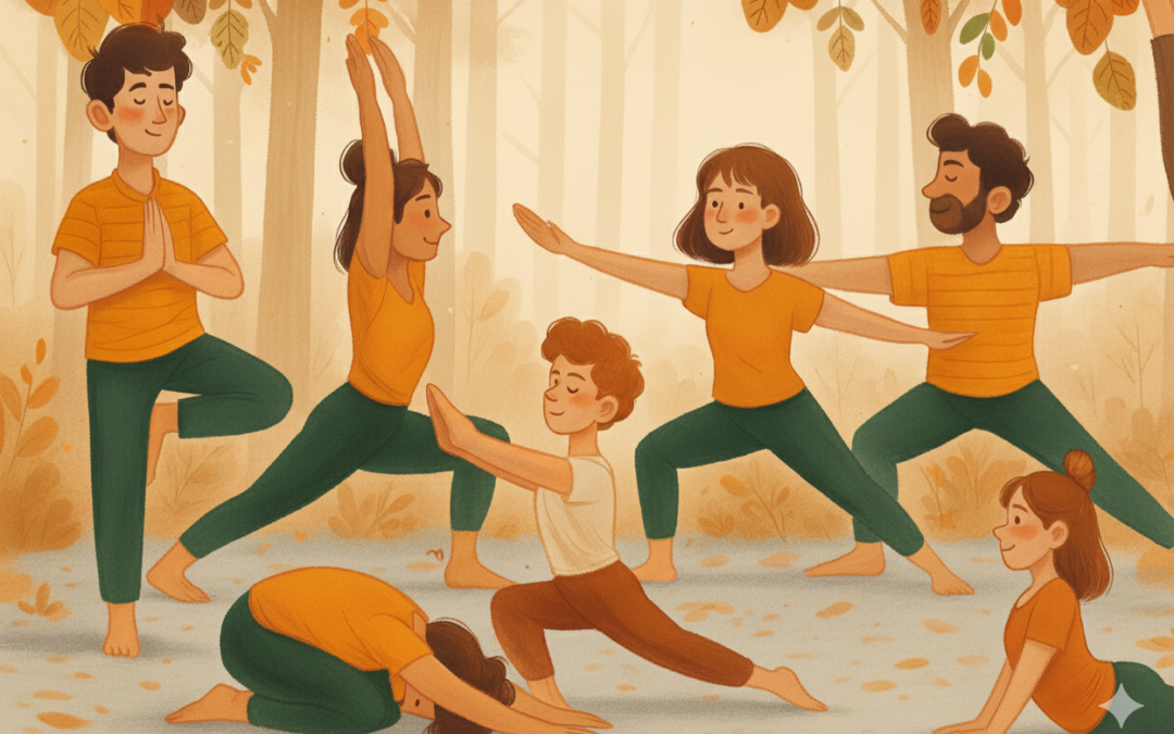 Ilustración digital en tonos cálidos de un grupo de personas de diversas edades practicando diferentes posturas de yoga (Árbol, Guerrero II, Niño) en un entorno boscoso o natural. Simboliza la práctica en comunidad, la concentración y el inicio de un ritual matutino.