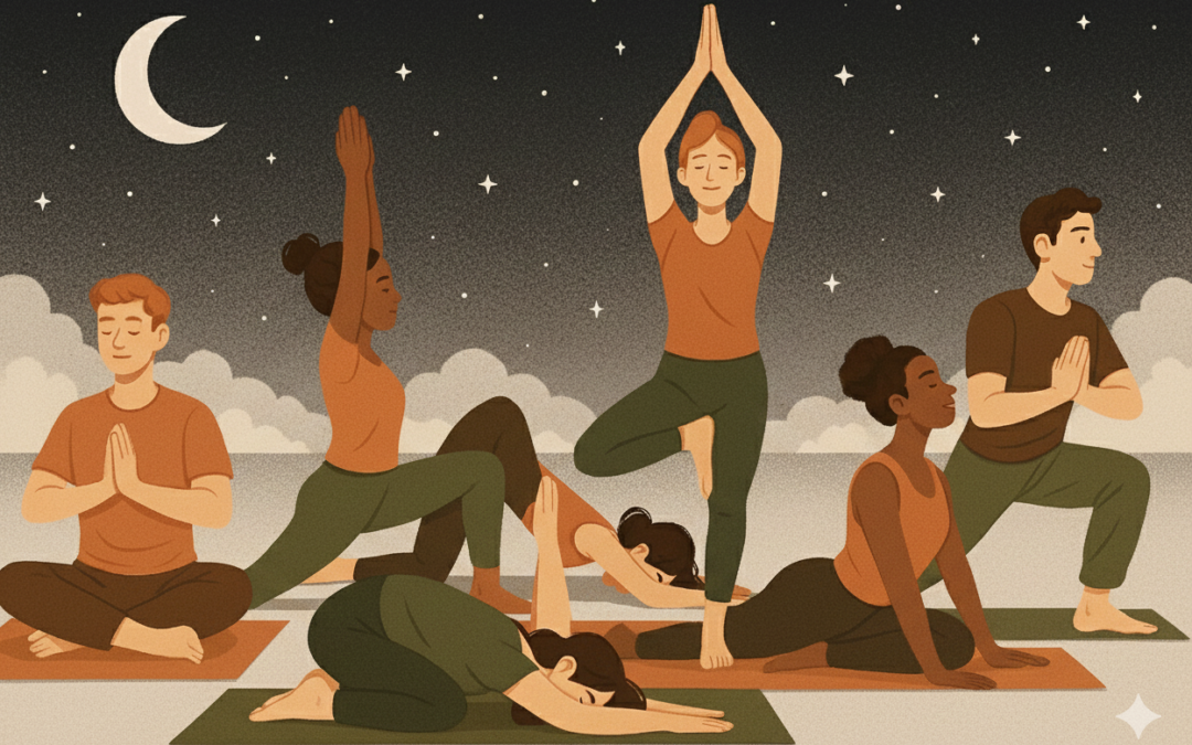 Ilustración nocturna de un grupo de seis personas practicando yoga al aire libre, bajo la luz de la luna creciente y estrellas. Las posturas incluyen el Guerrero, el Árbol, la Paloma y la Postura del Niño, simbolizando la calma, la introspección y la conexión grupal al anochecer.
