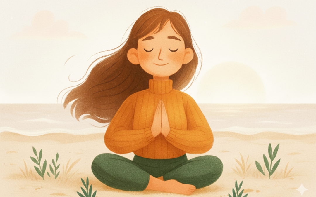 Ilustración digital de una persona con cabello oscuro y un suéter naranja, sentada en postura de meditación con las manos en Anjali Mudra (oración) en una playa al atardecer o amanecer. El fondo incluye un sol bajo en el horizonte y nubes, simbolizando la calma, la conexión y el inicio o final tranquilo del día.