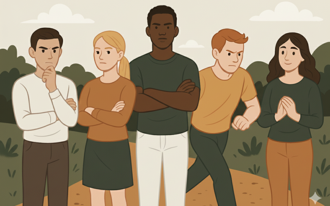 Ilustración de un grupo de cinco personas de pie en un entorno natural. Cada figura muestra una postura y emoción distinta: enojo (brazos cruzados), duda (mano en la barbilla), ansiedad (expresión tensa) y calma o sumisión (manos en oración). Simboliza los diferentes patrones de personalidad o "impulsores" mentales.